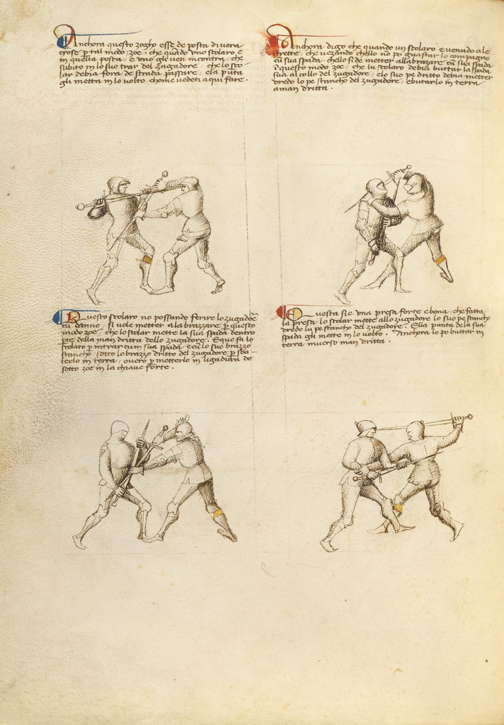 Combat with Sword; Fiore Furlan dei Liberi da Premariacco (Italian, about 1340/1350 - before 1450); about 1410; Tempera colors, gold leaf, silver leaf, and ink on parchment; Leaf: 27.9 × 20.6 cm (11 × 8 1/8 in.); Ms. Ludwig XV 13 (83.MR.183), fol. 34v; Rights Statement: No Copyright - United States Combat with Sword; Fiore Furlan dei Liberi da Premariacco (Italian, about 1340/1350 - before 1450); about 1410; Tempera colors, gold leaf, silver leaf, and ink on parchment; Leaf: 27.9 × 20.6 cm (11 × 8 1/8 in.); Ms. Ludwig XV 13 (83.MR.183), fol. 34v; Rights Statement: No Copyright - United States