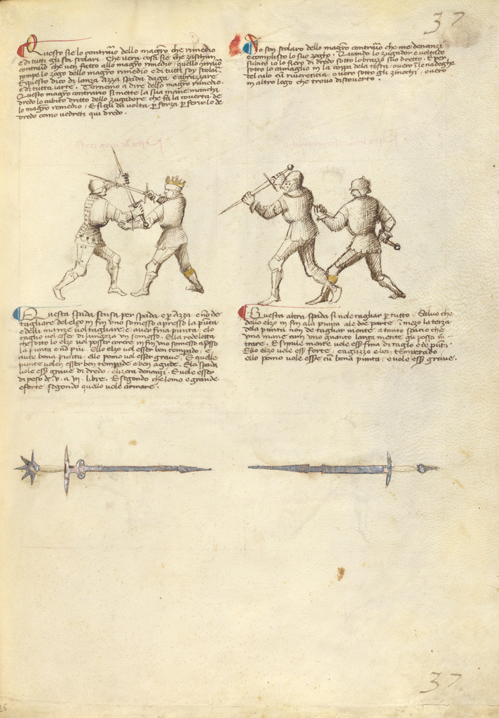 Combat with Sword; Fiore Furlan dei Liberi da Premariacco (Italian, about 1340/1350 - before 1450); about 1410; Tempera colors, gold leaf, silver leaf, and ink on parchment; Leaf: 27.9 × 20.6 cm (11 × 8 1/8 in.); Ms. Ludwig XV 13 (83.MR.183), fol. 35; Rights Statement: No Copyright - United States Combat with Sword; Fiore Furlan dei Liberi da Premariacco (Italian, about 1340/1350 - before 1450); about 1410; Tempera colors, gold leaf, silver leaf, and ink on parchment; Leaf: 27.9 × 20.6 cm (11 × 8 1/8 in.); Ms. Ludwig XV 13 (83.MR.183), fol. 35; Rights Statement: No Copyright - United States