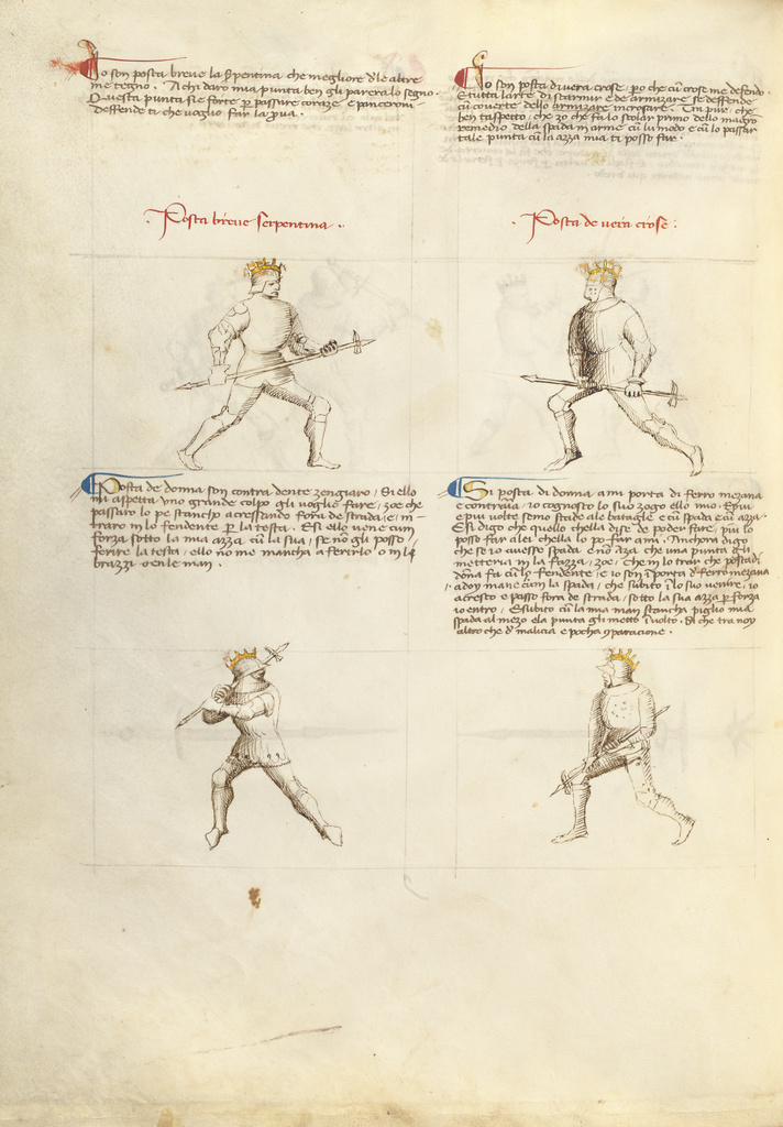 Combat with Pollaxe; Fiore Furlan dei Liberi da Premariacco (Italian, about 1340/1350 - before 1450); about 1410; Tempera colors, gold leaf, silver leaf, and ink on parchment; Leaf: 27.9 × 20.6 cm (11 × 8 1/8 in.); Ms. Ludwig XV 13 (83.MR.183), fol. 35v; Rights Statement: No Copyright - United States Combat with Pollaxe; Fiore Furlan dei Liberi da Premariacco (Italian, about 1340/1350 - before 1450); about 1410; Tempera colors, gold leaf, silver leaf, and ink on parchment; Leaf: 27.9 × 20.6 cm (11 × 8 1/8 in.); Ms. Ludwig XV 13 (83.MR.183), fol. 35v; Rights Statement: No Copyright - United States