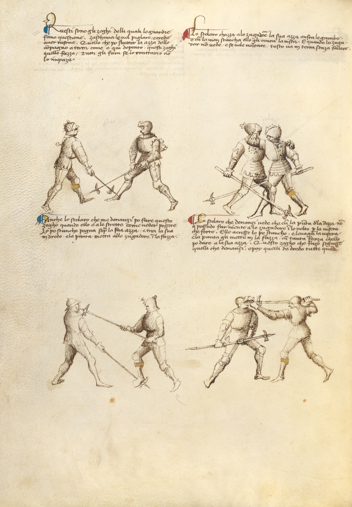 Combat with Pollaxe; Fiore Furlan dei Liberi da Premariacco (Italian, about 1340/1350 - before 1450); about 1410; Tempera colors, gold leaf, silver leaf, and ink on parchment; Leaf: 27.9 × 20.6 cm (11 × 8 1/8 in.); Ms. Ludwig XV 13 (83.MR.183), fol. 36v; Rights Statement: No Copyright - United States Combat with Pollaxe; Fiore Furlan dei Liberi da Premariacco (Italian, about 1340/1350 - before 1450); about 1410; Tempera colors, gold leaf, silver leaf, and ink on parchment; Leaf: 27.9 × 20.6 cm (11 × 8 1/8 in.); Ms. Ludwig XV 13 (83.MR.183), fol. 36v; Rights Statement: No Copyright - United States