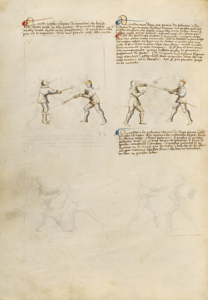 Combat with Implements; Fiore Furlan dei Liberi da Premariacco (Italian, about 1340/1350 - before 1450); about 1410; Tempera colors, gold leaf, silver leaf, and ink on parchment; Leaf: 27.9 × 20.6 cm (11 × 8 1/8 in.); Ms. Ludwig XV 13 (83.MR.183), fol. 37v; Rights Statement: No Copyright - United States Combat with Implements; Fiore Furlan dei Liberi da Premariacco (Italian, about 1340/1350 - before 1450); about 1410; Tempera colors, gold leaf, silver leaf, and ink on parchment; Leaf: 27.9 × 20.6 cm (11 × 8 1/8 in.); Ms. Ludwig XV 13 (83.MR.183), fol. 37v; Rights Statement: No Copyright - United States