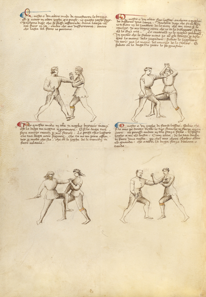 Combat with Dagger; Fiore Furlan dei Liberi da Premariacco (Italian, about 1340/1350 - before 1450); about 1410; Tempera colors, gold leaf, silver leaf, and ink on parchment; Leaf: 27.9 × 20.6 cm (11 × 8 1/8 in.); Ms. Ludwig XV 13 (83.MR.183), fol. 38v; Rights Statement: No Copyright - United States Combat with Dagger; Fiore Furlan dei Liberi da Premariacco (Italian, about 1340/1350 - before 1450); about 1410; Tempera colors, gold leaf, silver leaf, and ink on parchment; Leaf: 27.9 × 20.6 cm (11 × 8 1/8 in.); Ms. Ludwig XV 13 (83.MR.183), fol. 38v; Rights Statement: No Copyright - United States
