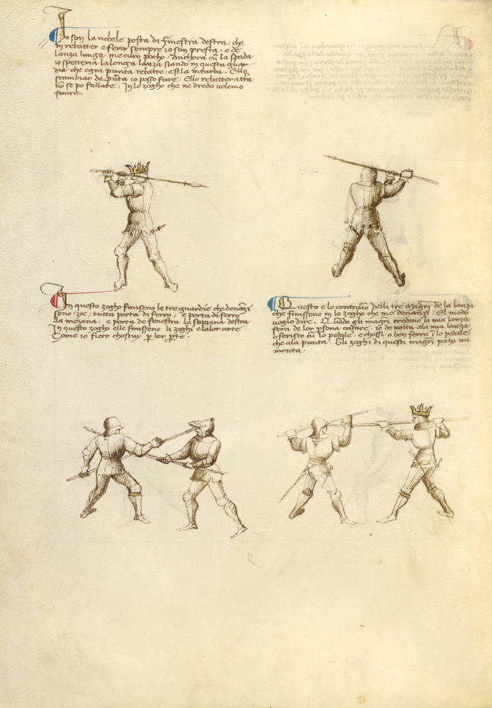 Combat with Lance; Fiore Furlan dei Liberi da Premariacco (Italian, about 1340/1350 - before 1450); about 1410; Tempera colors, gold leaf, silver leaf, and ink on parchment; Leaf: 27.9 × 20.6 cm (11 × 8 1/8 in.); Ms. Ludwig XV 13 (83.MR.183), fol. 39v; Rights Statement: No Copyright - United States Combat with Lance; Fiore Furlan dei Liberi da Premariacco (Italian, about 1340/1350 - before 1450); about 1410; Tempera colors, gold leaf, silver leaf, and ink on parchment; Leaf: 27.9 × 20.6 cm (11 × 8 1/8 in.); Ms. Ludwig XV 13 (83.MR.183), fol. 39v; Rights Statement: No Copyright - United States