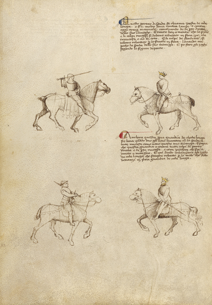 Equestrian Combat with Sword; Fiore Furlan dei Liberi da Premariacco (Italian, about 1340/1350 - before 1450); about 1410; Tempera colors, gold leaf, silver leaf, and ink on parchment; Leaf: 27.9 × 20.6 cm (11 × 8 1/8 in.); Ms. Ludwig XV 13 (83.MR.183), fol. 43v; Rights Statement: No Copyright - United States Equestrian Combat with Sword; Fiore Furlan dei Liberi da Premariacco (Italian, about 1340/1350 - before 1450); about 1410; Tempera colors, gold leaf, silver leaf, and ink on parchment; Leaf: 27.9 × 20.6 cm (11 × 8 1/8 in.); Ms. Ludwig XV 13 (83.MR.183), fol. 43v; Rights Statement: No Copyright - United States