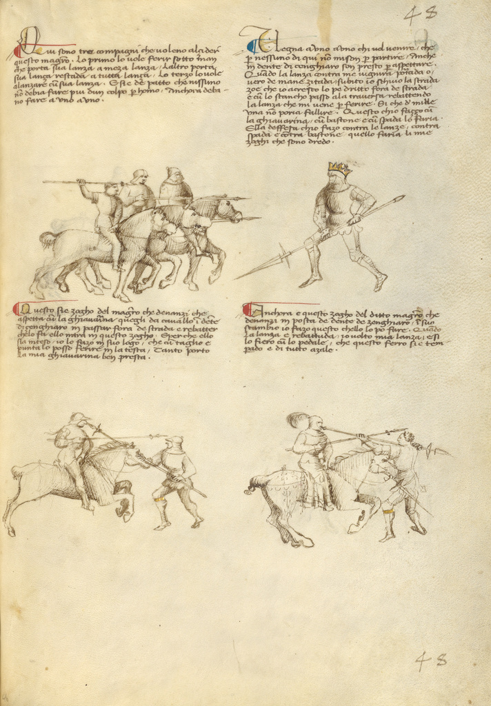 Combat against an Equestrian Opponent with Lance; Fiore Furlan dei Liberi da Premariacco (Italian, about 1340/1350 - before 1450); about 1410; Tempera colors, gold leaf, silver leaf, and ink on parchment; Leaf: 27.9 × 20.6 cm (11 × 8 1/8 in.); Ms. Ludwig XV 13 (83.MR.183), fol. 46; Rights Statement: No Copyright - United States Combat against an Equestrian Opponent with Lance; Fiore Furlan dei Liberi da Premariacco (Italian, about 1340/1350 - before 1450); about 1410; Tempera colors, gold leaf, silver leaf, and ink on parchment; Leaf: 27.9 × 20.6 cm (11 × 8 1/8 in.); Ms. Ludwig XV 13 (83.MR.183), fol. 46; Rights Statement: No Copyright - United States