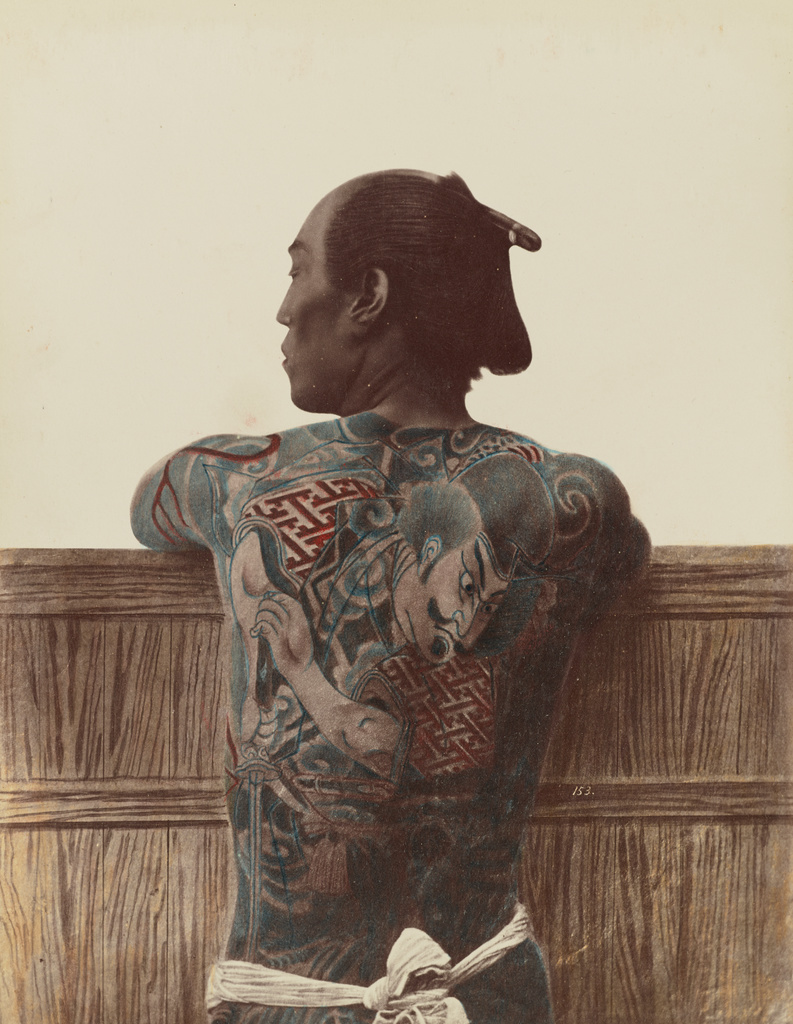 Japanese Tattoo; Kusakabe Kimbei (Japanese, 1841 - 1934, active 1880s - about 1912), or Baron Raimund von Stillfried (Austrian, 1839 - 1911); 1870s - 1890s; Hand-colored albumen silver print; 26 × 20 cm (10 1/4 × 7 7/8 in.); 84.XA.700.4.57; Rights Statement: No Copyright - United States Japanese Tattoo; Kusakabe Kimbei (Japanese, 1841 - 1934, active 1880s - about 1912), or Baron Raimund von Stillfried (Austrian, 1839 - 1911); 1870s - 1890s; Hand-colored albumen silver print; 26 × 20 cm (10 1/4 × 7 7/8 in.); 84.XA.700.4.57; Rights Statement: No Copyright - United States