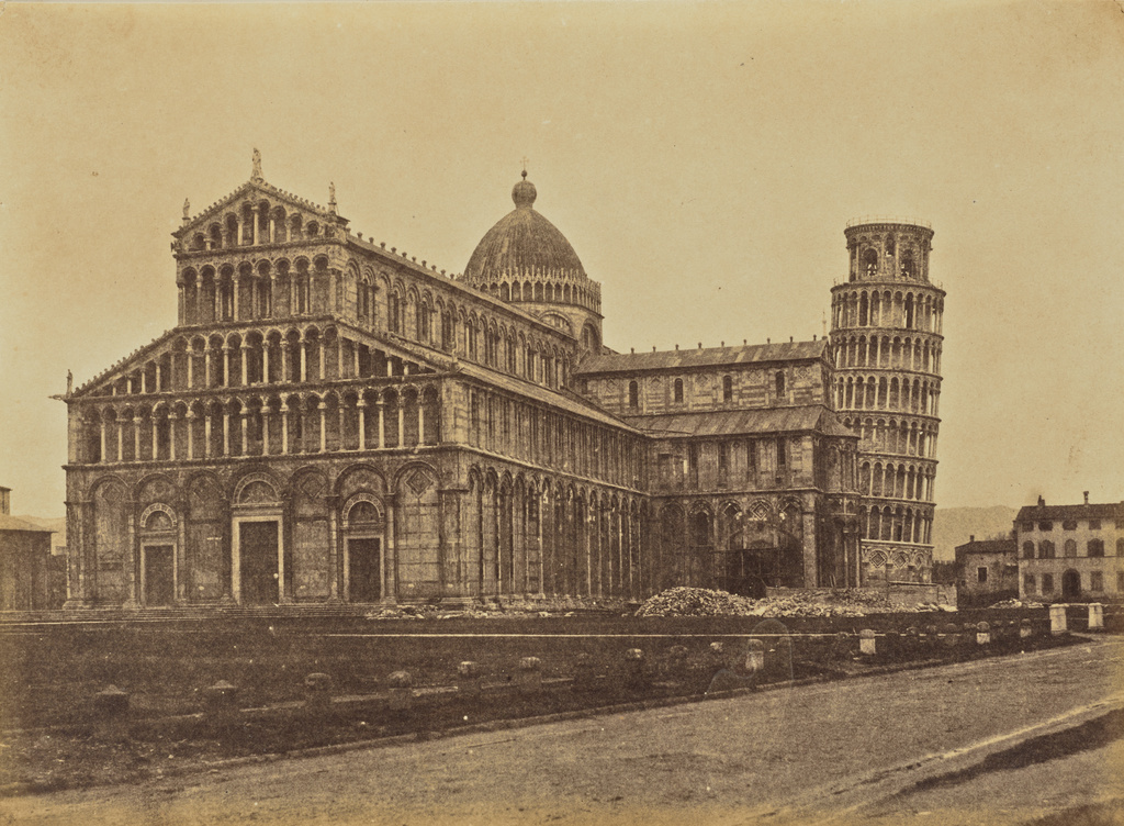 Cathedral & Campanile, Pisa; Jane St. John (British, 1801 - 1882); 1856–1859; Albumen silver print from a paper negative; 18.2 × 24.8 cm (7 3/16 × 9 3/4 in.); 84.XA.760.14.3; Rights Statement: No Copyright - United States Cathedral & Campanile, Pisa; Jane St. John (British, 1801 - 1882); 1856–1859; Albumen silver print from a paper negative; 18.2 × 24.8 cm (7 3/16 × 9 3/4 in.); 84.XA.760.14.3; Rights Statement: No Copyright - United States