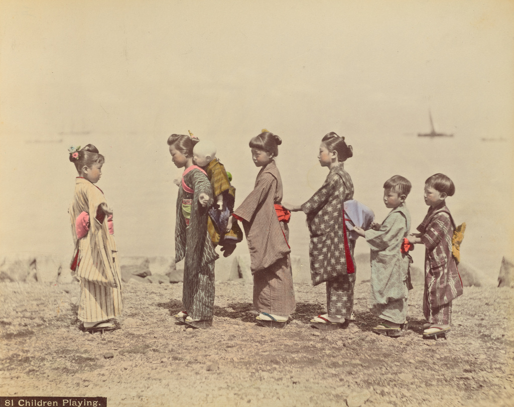 Children Playing; Attributed to Kusakabe Kimbei (Japanese, 1841 - 1934, active 1880s - about 1912); 1870s - 1890s; Hand-colored albumen silver print; 19.4 × 24.1 cm (7 5/8 × 9 1/2 in.); 84.XA.875.3.21; Rights Statement: No Copyright - United States Children Playing; Attributed to Kusakabe Kimbei (Japanese, 1841 - 1934, active 1880s - about 1912); 1870s - 1890s; Hand-colored albumen silver print; 19.4 × 24.1 cm (7 5/8 × 9 1/2 in.); 84.XA.875.3.21; Rights Statement: No Copyright - United States
