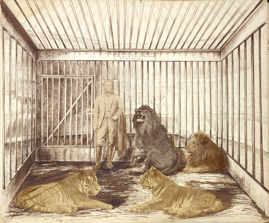 Portrait of a Man with Lions; Unknown maker, British; England; 1870s; Albumen silver print with ink; 30.7 x 37.5 cm (12 1/16 x 14 3/4 in.); 84.XA.1252.2 No description of this image is available.