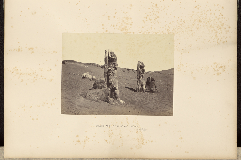 Colossi and Sphynx at Wady Saboua, Nubia; Francis Frith (English, 1822 - 1898); Nubia, Egypt, Africa; 1857; Albumen silver print; 15.3 × 21.1 cm (6 × 8 5/16 in.); 84.XO.1301.28 No description of this image is available.