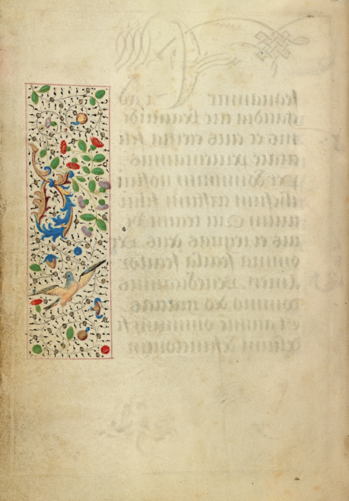 Decorated Text Page; Nicolas Spierinc (Flemish, active 1455 - 1499); Ghent (written), Belgium; 1469; Tempera colors, gold leaf, gold paint, silver paint, and ink on parchment; Leaf: 12.4 x 9.2 cm (4 7/8 x 3 5/8 in.); Ms. 37, fol. 13v No description of this image is available.