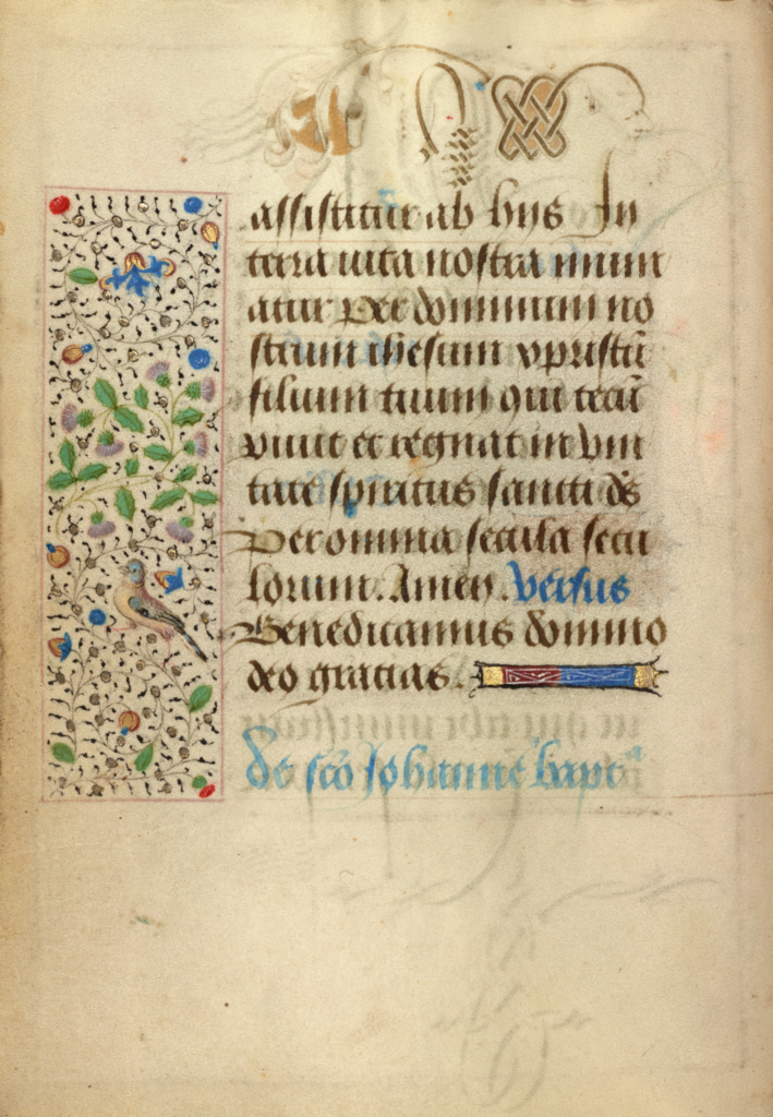 Decorated Text Page; Nicolas Spierinc (Flemish, active 1455 - 1499); Antwerp (illuminated) Belgium Ghent (written) Belgium; 1469; Tempera colors, gold leaf, gold paint, silver paint, and ink on parchment; Leaf: 12.4 x 9.2 cm (4 7/8 x 3 5/8 in.); Ms. 37, fol. 16v No description of this image is available.