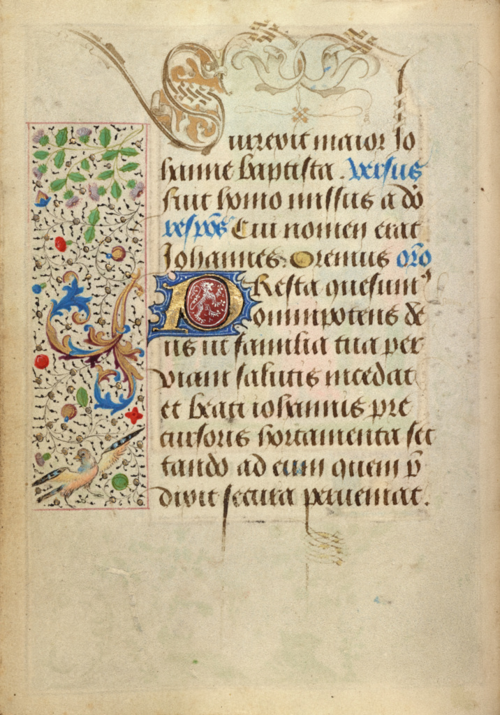 Decorated Text Page; Nicolas Spierinc (Flemish, active 1455 - 1499); Antwerp (illuminated) Belgium Ghent (written) Belgium; 1469; Tempera colors, gold leaf, gold paint, silver paint, and ink on parchment; Leaf: 12.4 x 9.2 cm (4 7/8 x 3 5/8 in.); Ms. 37, fol. 17v No description of this image is available.