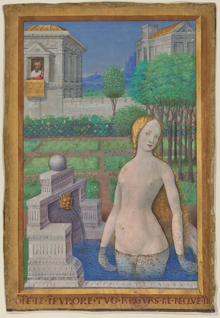 Bathsheba Bathing; Jean Bourdichon (French, 1457 - 1521, active Tours, France, early 1480s - 1521); Tours, France; 1498 - 1499; Tempera and gold on parchment; Leaf: 24.3 x 17 cm (9 9/16 x 6 11/16 in.); Ms. 79, recto No description of this image is available.