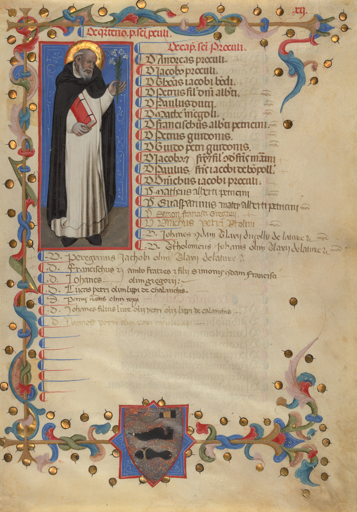 Leaf from a register of the Shoemakers' Guild; Niccolò di Giacomo da Bologna (Italian, active 1349 - 1403); about 1386; Tempera and gold on parchment; Leaf: 35 × 24.5 cm (13 3/4 × 9 5/8 in.); Ms. 82 (2003.113); Rights Statement: No Copyright - United States Leaf from a register of the Shoemakers' Guild; Niccolò di Giacomo da Bologna (Italian, active 1349 - 1403); about 1386; Tempera and gold on parchment; Leaf: 35 × 24.5 cm (13 3/4 × 9 5/8 in.); Ms. 82 (2003.113); Rights Statement: No Copyright - United States