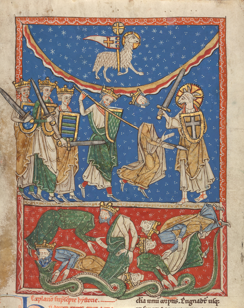 The Lamb Defeating the Ten Kings; Unknown; Northern Spain, Spain; about 1220 - 1235; Tempera colors and gold leaf on parchment; Leaf: 29.4 x 23.5 cm (11 9/16 x 9 1/4 in.); Ms. 77, recto No description of this image is available.