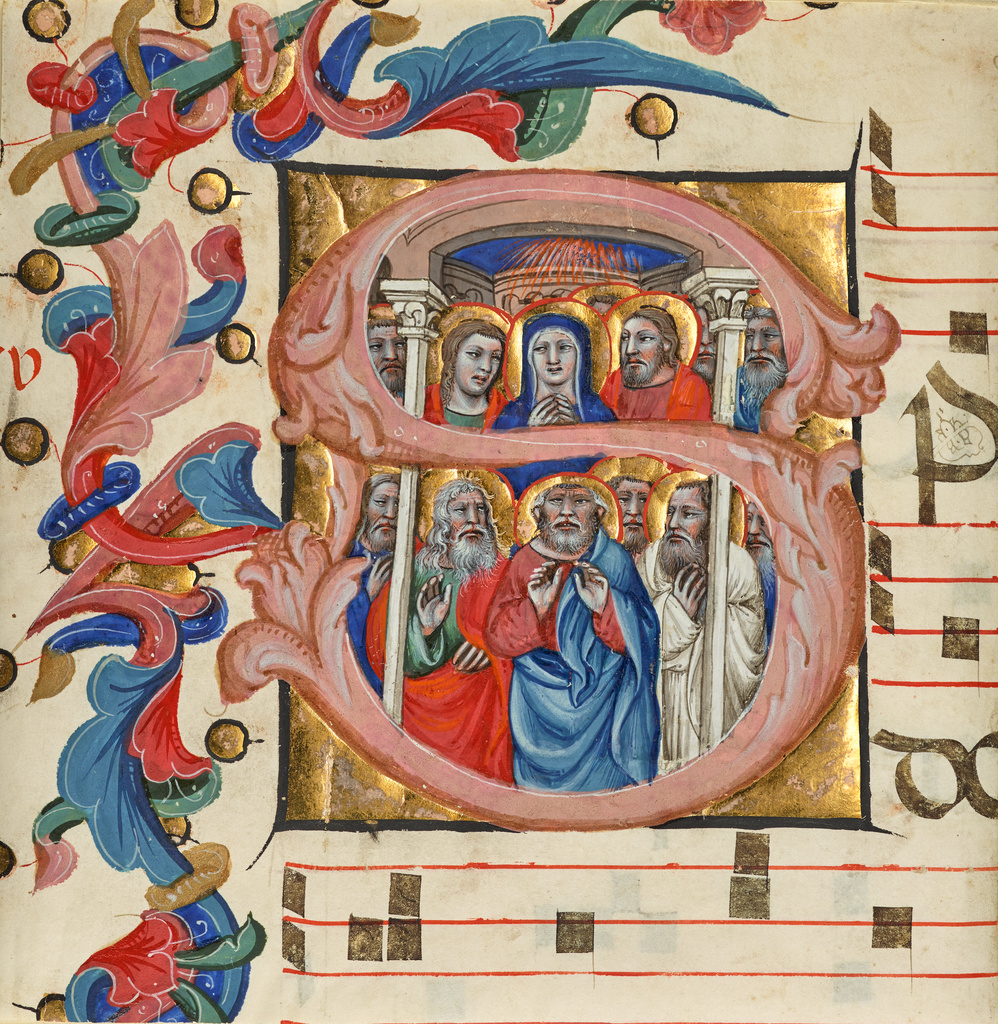 Initial S: Pentecost; Niccolò di Giacomo da Bologna (Italian, active 1349 - 1403); about 1394 - 1402; Tempera and gold on parchment; Leaf: 21.6 × 21 cm (8 1/2 × 8 1/4 in.); Ms. 86 (2004.48), recto; Rights Statement: No Copyright - United States Initial S: Pentecost; Niccolò di Giacomo da Bologna (Italian, active 1349 - 1403); about 1394 - 1402; Tempera and gold on parchment; Leaf: 21.6 × 21 cm (8 1/2 × 8 1/4 in.); Ms. 86 (2004.48), recto; Rights Statement: No Copyright - United States
