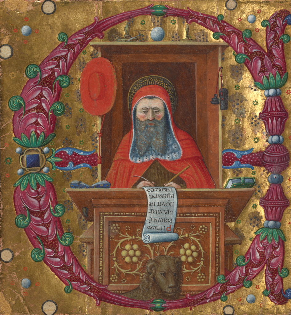 Initial E: Saint Jerome in His Study; Attributed to the Master of the Birago Hours (Italian, active about 1460- about 1480); Lombardy, Italy; about 1470 - 1480; Tempera and gold on parchment; Leaf: 14.5 x 14 cm (5 11/16 x 5 1/2 in.); Ms. 76, recto No description of this image is available.
