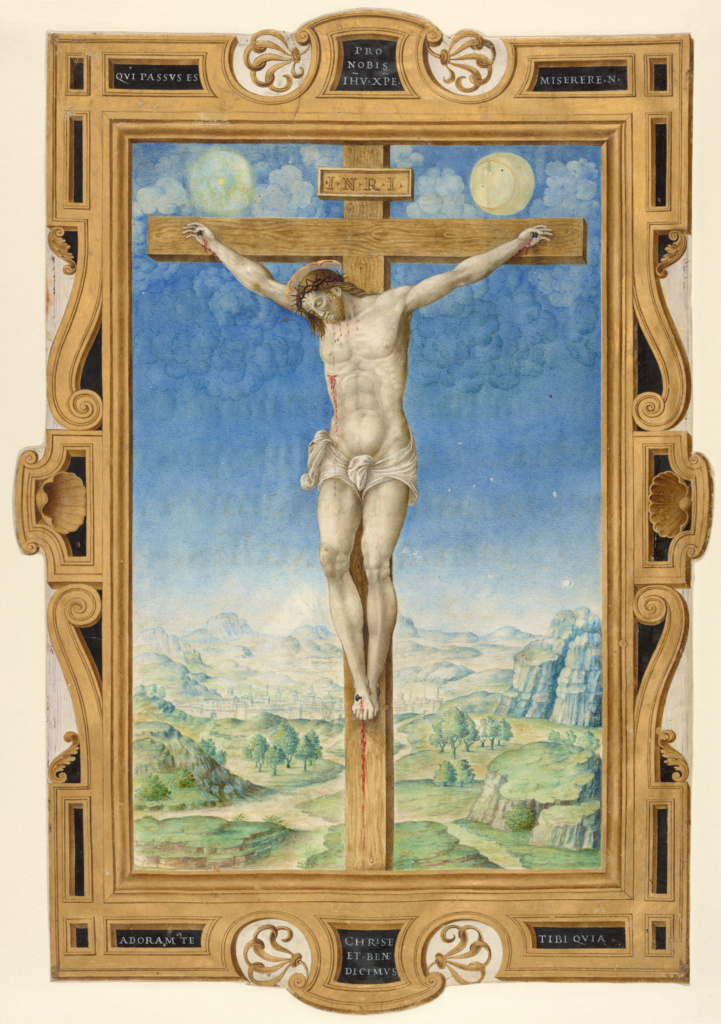 The Crucifixion; Vincent Raymond (French, died 1557, active by 1535); Rome, Italy; about 1545; Tempera and gold on parchment; Leaf: 37.2 x 26 cm (14 5/8 x 10 1/4 in.); Ms. 85, recto No description of this image is available.