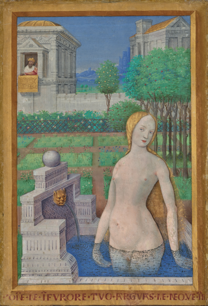 Bathsheba Bathing; Jean Bourdichon (French, 1457 - 1521); Tours, France; 1498 - 1499; Tempera and gold on parchment; Leaf: 24.3 × 17 cm (9 9/16 × 6 11/16 in.); Ms. 79, recto No description of this image is available.