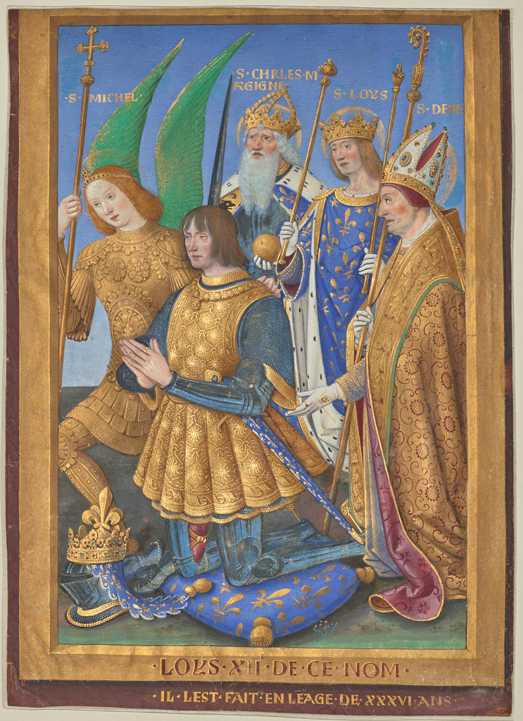 Louis XII of France Kneeling in Prayer, Accompanied by Saints Michael, Charlemagne, Louis, and Denis; Jean Bourdichon (French, 1457 - 1521); 1498/1499; Tempera and gold on parchment; Leaf: 24.3 × 15.7 cm (9 9/16 × 6 3/16 in.); Ms. 79a, recto No description of this image is available.