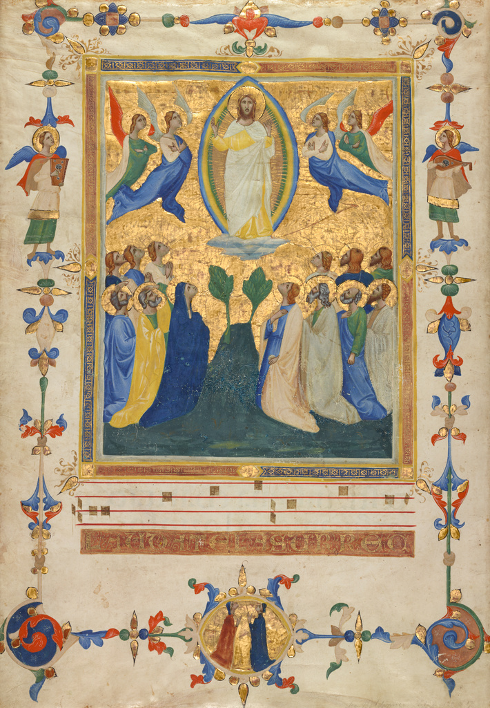 The Ascension of Christ; Pacino di Bonaguida (Italian (Florentine), active about 1303 - about 1347); Florence, Italy; about 1340; Tempera, gold leaf, and ink on parchment; Leaf: 44.4 x 31.8 cm (17 1/2 x 12 1/2 in.); Ms. 80a, verso No description of this image is available.
