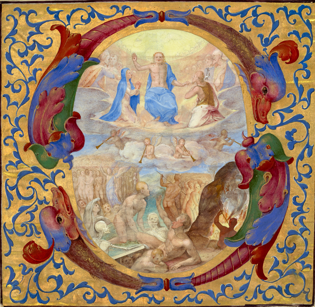 Initial S: The Last Judgment; Unknown maker, Roman School; about 1567 - 1572; Tempera and gold leaf on parchment; Leaf: 15.6 × 16 cm (6 1/8 × 6 5/16 in.); Ms. 92 (2005.22), verso; Rights Statement: No Copyright - United States Initial S: The Last Judgment; Unknown maker, Roman School; about 1567 - 1572; Tempera and gold leaf on parchment; Leaf: 15.6 × 16 cm (6 1/8 × 6 5/16 in.); Ms. 92 (2005.22), verso; Rights Statement: No Copyright - United States