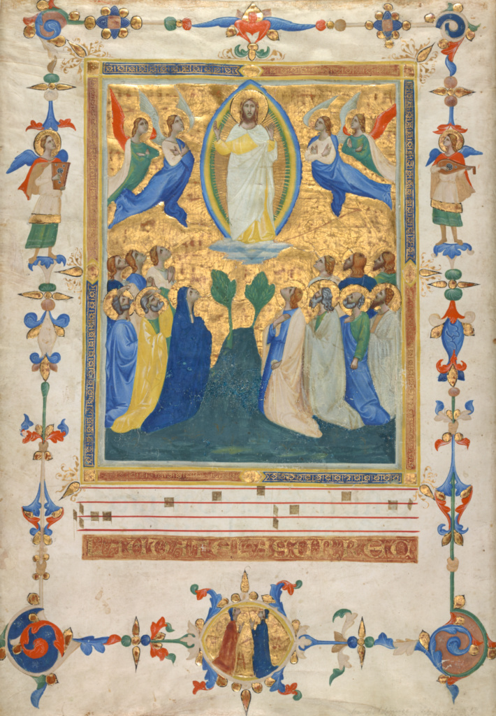 The Ascension of Christ; Pacino di Bonaguida (Italian (Florentine), active about 1303 - about 1347); Florence, Italy; about 1340; Tempera, gold leaf, and ink on parchment; Leaf: 44.4 x 31.8 cm (17 1/2 x 12 1/2 in.); Ms. 80a, verso No description of this image is available.