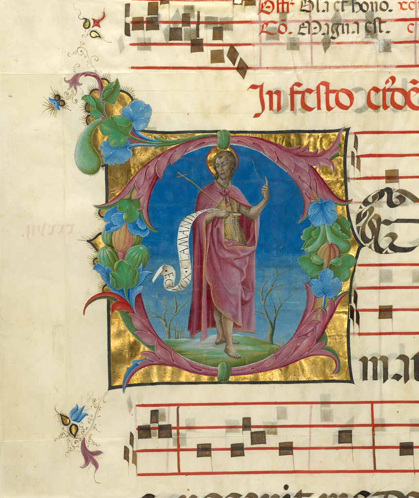 Initial D: Saint John the Baptist; Attributed to Cosmè Tura (Italian (Ferrarese), about 1430 - 1495); Ferrara, Italy; about 1470 - 1480; Tempera and gold on parchment; Leaf: 35 x 29.8 cm (13 3/4 x 11 3/4 in.); Ms. 94, verso No description of this image is available.
