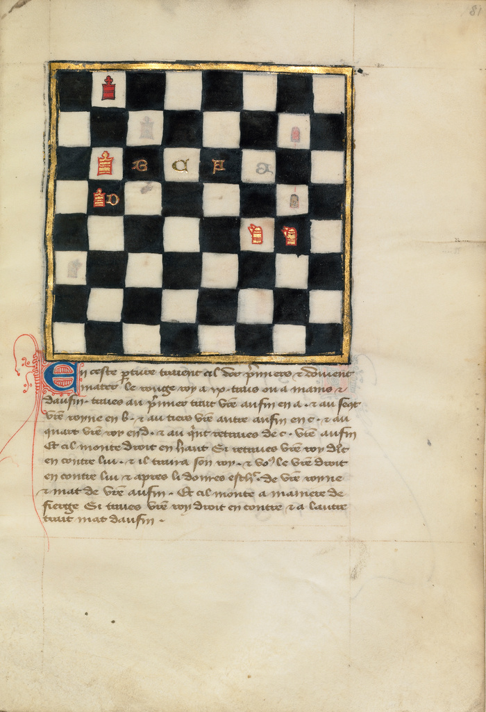 Chess Problem; Unknown; late 14th century; Tempera colors and gold leaf on parchment; Leaf: 24.8 × 16.8 cm (9 3/4 × 6 5/8 in.); Ms. Ludwig XV 15 (83.MR.185), fol. 81; Rights Statement: No Copyright - United States Chess Problem; Unknown; late 14th century; Tempera colors and gold leaf on parchment; Leaf: 24.8 × 16.8 cm (9 3/4 × 6 5/8 in.); Ms. Ludwig XV 15 (83.MR.185), fol. 81; Rights Statement: No Copyright - United States