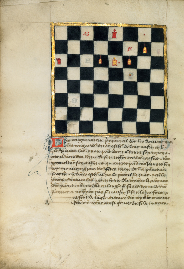 Chess Problem; Unknown; late 14th century; Tempera colors and gold leaf on parchment; Leaf: 24.8 × 16.8 cm (9 3/4 × 6 5/8 in.); Ms. Ludwig XV 15 (83.MR.185), fol. 96v; Rights Statement: No Copyright - United States Chess Problem; Unknown; late 14th century; Tempera colors and gold leaf on parchment; Leaf: 24.8 × 16.8 cm (9 3/4 × 6 5/8 in.); Ms. Ludwig XV 15 (83.MR.185), fol. 96v; Rights Statement: No Copyright - United States