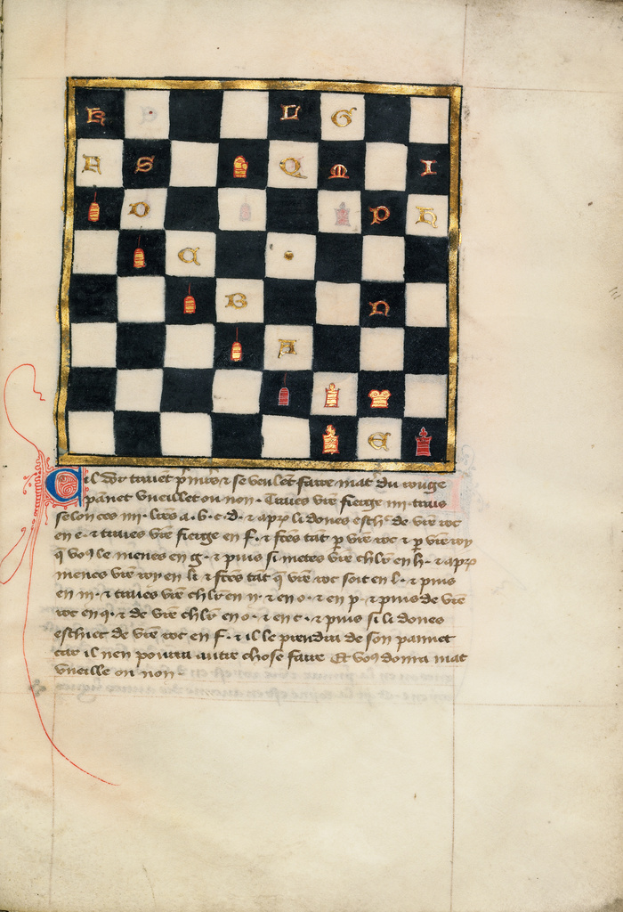 Chess Problem; Unknown; late 14th century; Tempera colors and gold leaf on parchment; Leaf: 24.8 × 16.8 cm (9 3/4 × 6 5/8 in.); Ms. Ludwig XV 15 (83.MR.185), fol. 97; Rights Statement: No Copyright - United States Chess Problem; Unknown; late 14th century; Tempera colors and gold leaf on parchment; Leaf: 24.8 × 16.8 cm (9 3/4 × 6 5/8 in.); Ms. Ludwig XV 15 (83.MR.185), fol. 97; Rights Statement: No Copyright - United States