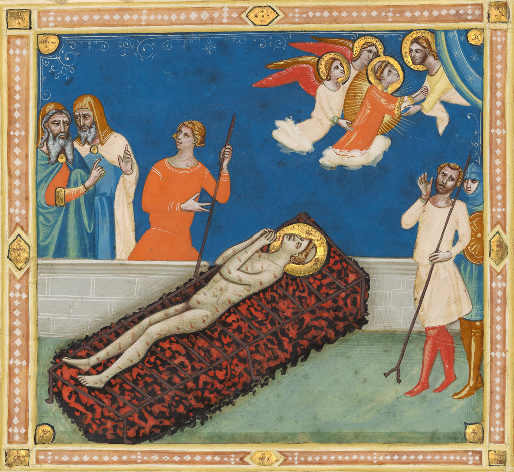 The Martyrdom of Saint Lawrence; Pacino di Bonaguida (Italian (Florentine), active about 1303 - about 1347); Florence, Italy; about 1340; Tempera and gold leaf on parchment; Leaf: 19 x 20.8 cm (7 1/2 x 8 3/16 in.); Ms. 80b, verso No description of this image is available.