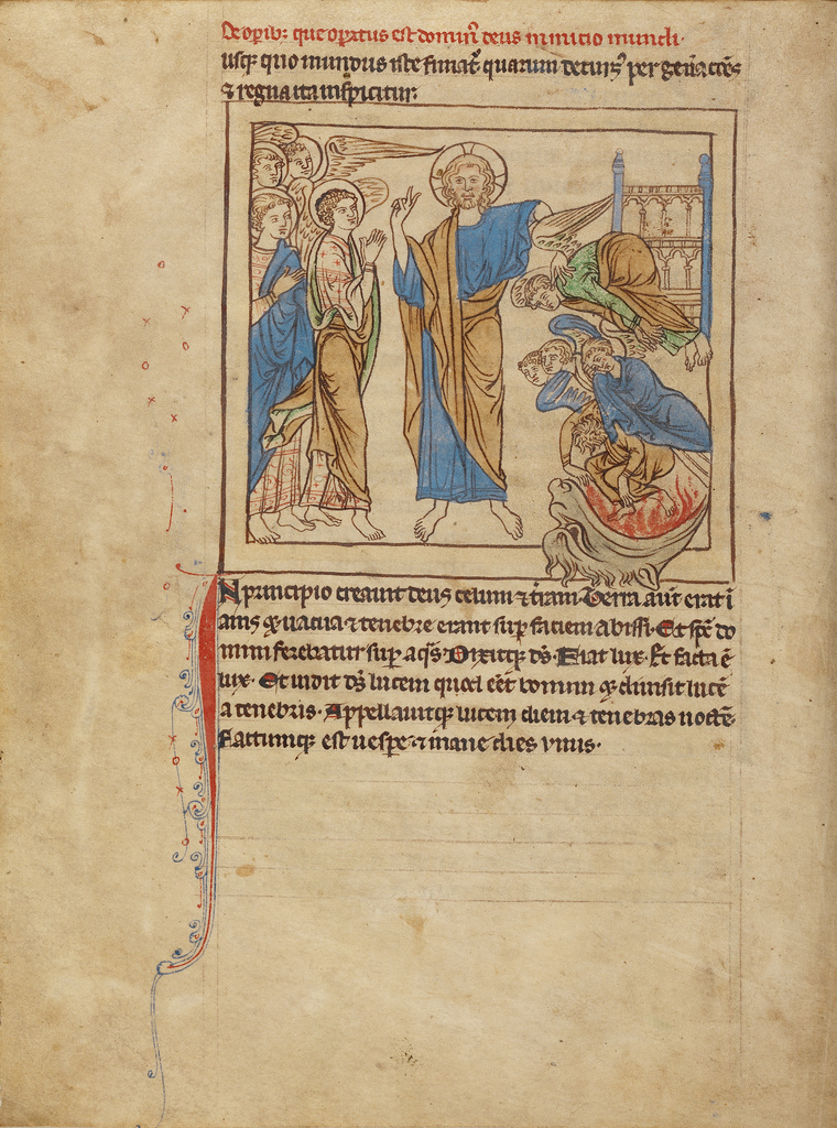 The Fall of the Angels; Unknown; about 1250 - 1260; Pen-and-ink drawings tinted with body color and translucent washes on parchment; Leaf: 21 × 15.7 cm (8 1/4 × 6 3/16 in.); Ms. 100 (2007.16), fol. 1v; Rights Statement: No Copyright - United States The Fall of the Angels; Unknown; about 1250 - 1260; Pen-and-ink drawings tinted with body color and translucent washes on parchment; Leaf: 21 × 15.7 cm (8 1/4 × 6 3/16 in.); Ms. 100 (2007.16), fol. 1v; Rights Statement: No Copyright - United States
