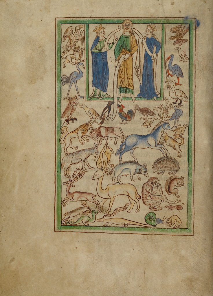 Adam Naming the Animals; Unknown; England; about 1250 - 1260; Pen-and-ink drawings tinted with body color and translucent washes on parchment; Leaf: 21 x 15.7 cm (8 1/4 x 6 3/16 in.); Ms. 100, fol. 5v No description of this image is available.