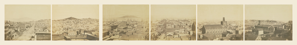 Six-part Panorama of San Francisco from San Francisco Album: Photographs of the Most Beautiful Views and Public Buildings of San Francisco; George R. Fardon (British, 1807 - 1886), and possibly Carleton Watkins (American, 1829 - 1916), George R. Fardon (British, 1807 - 1886); San Francisco, California, United States; 1855 - 1856; Various, see extensions; 2007.53 No description of this image is available.