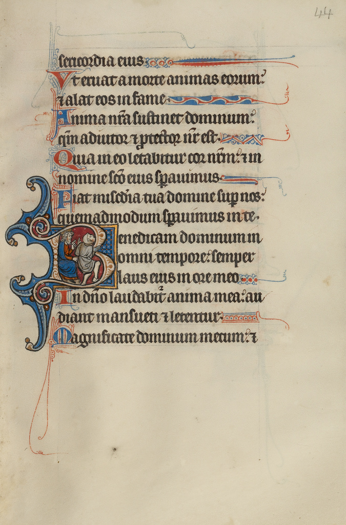 Initial B: David Playing the Fool before Achish King of Gath; Bute Master (Franco-Flemish, active about 1260 - 1290); text and illumination about 1285; Tempera colors, gold, and iron gall ink on parchment; Leaf: 17 × 11.9 cm (6 11/16 × 4 11/16 in.); Ms. 46 (92.MK.92), fol. 44; Rights Statement: No Copyright - United States Initial B: David Playing the Fool before Achish King of Gath; Bute Master (Franco-Flemish, active about 1260 - 1290); text and illumination about 1285; Tempera colors, gold, and iron gall ink on parchment; Leaf: 17 × 11.9 cm (6 11/16 × 4 11/16 in.); Ms. 46 (92.MK.92), fol. 44; Rights Statement: No Copyright - United States