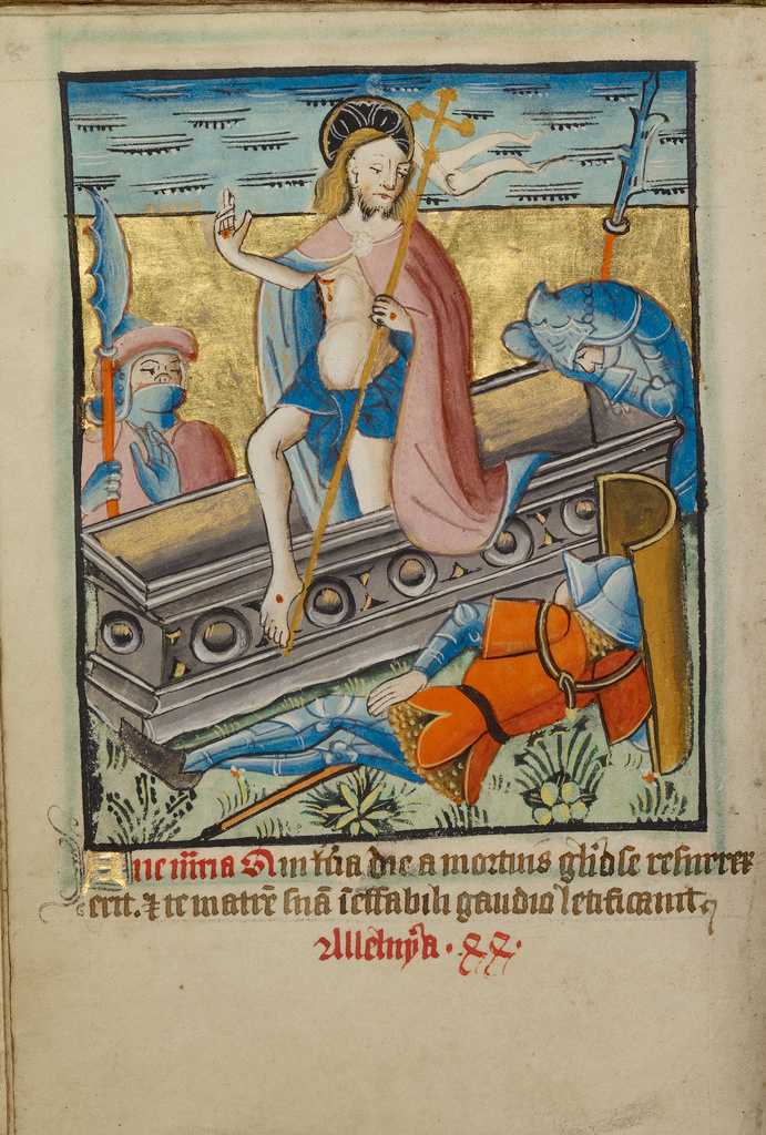 The Resurrection; Unknown; about 1480–1490; Tempera colors and gold leaf on parchment; Leaf: 11.9 × 17 cm (4 11/16 × 6 11/16 in.); Ms. 101 (2008.3), fol. 84v; Rights Statement: No Copyright - United States The Resurrection; Unknown; about 1480–1490; Tempera colors and gold leaf on parchment; Leaf: 11.9 × 17 cm (4 11/16 × 6 11/16 in.); Ms. 101 (2008.3), fol. 84v; Rights Statement: No Copyright - United States