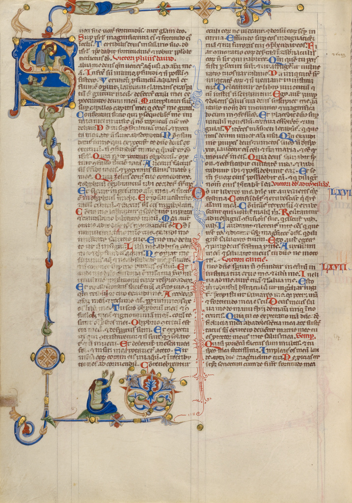 Initial S: David in the Water; Unknown; Bologna, Italy, Europe; about 1250 - 1262; Tempera and gold leaf on parchment; Leaf: 26.8 × 19.7 cm (10 9/16 × 7 3/4 in.); Ms. 107, fol. 219v No description of this image is available.