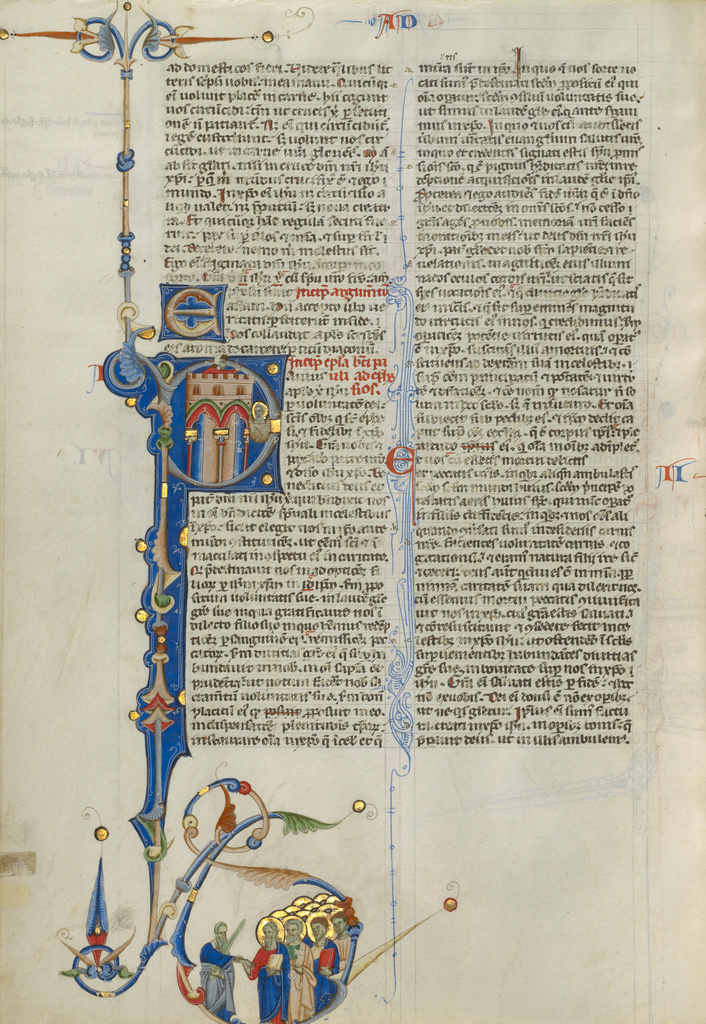 Initial P: Saint Paul Escaping Prison in a Basket; Unknown; about 1250–1262; Tempera and gold leaf on parchment; Leaf: 26.8 × 19.7 cm (10 9/16 × 7 3/4 in.); Ms. 107 (2011.23), fol. 437v; Rights Statement: No Copyright - United States Initial P: Saint Paul Escaping Prison in a Basket; Unknown; about 1250–1262; Tempera and gold leaf on parchment; Leaf: 26.8 × 19.7 cm (10 9/16 × 7 3/4 in.); Ms. 107 (2011.23), fol. 437v; Rights Statement: No Copyright - United States