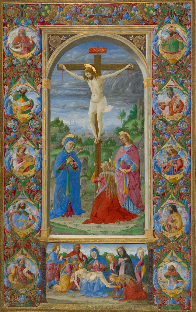 The Crucifixion; Giuliano Amadei (Italian, active 1446 - died 1496); 1484–1492; Tempera colors and gold on parchment; Leaf: 39.7 × 24.1 cm (15 5/8 × 9 1/2 in.); Ms. 110 (2012.2), recto; Rights Statement: No Copyright - United States The Crucifixion; Giuliano Amadei (Italian, active 1446 - died 1496); 1484–1492; Tempera colors and gold on parchment; Leaf: 39.7 × 24.1 cm (15 5/8 × 9 1/2 in.); Ms. 110 (2012.2), recto; Rights Statement: No Copyright - United States