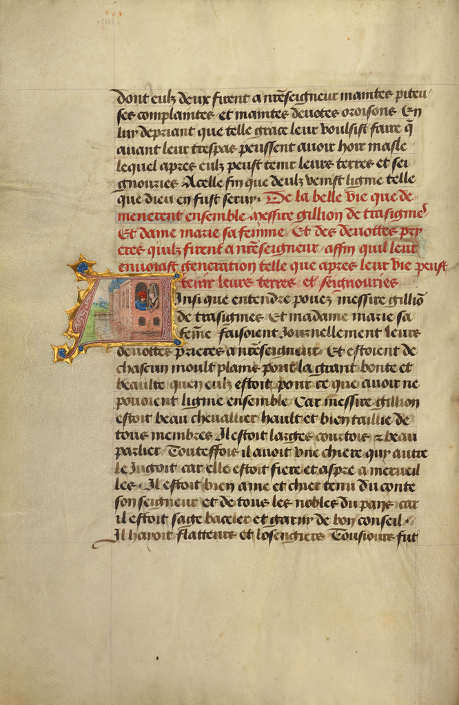 Initial A: Gillion and Marie Gazing at a Mother Carp and Her Offspring; Lieven van Lathem (Flemish, about 1430 - 1493, active 1454 - 1493), David Aubert (Flemish, active 1453 - 1479); Antwerp, Belgium; after 1464; Tempera colors, gold, and ink on parchment; Leaf: 37 x 25.5 cm (14 9/16 x 10 1/16 in.); Ms. 111, fol. 11v No description of this image is available.