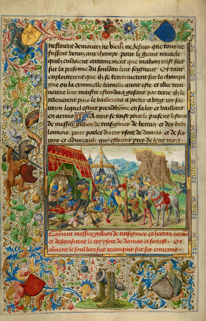Gillion Slaying King Ysore and Freeing the Sultan; Lieven van Lathem (Flemish, about 1430 - 1493), David Aubert (Flemish, active 1453 - 1479); 1464; Tempera colors, gold, and ink on parchment; Leaf: 37 × 25.5 cm (14 9/16 × 10 1/16 in.); Ms. 111 (2013.46), fol. 36v; Rights Statement: No Copyright - United States Gillion Slaying King Ysore and Freeing the Sultan; Lieven van Lathem (Flemish, about 1430 - 1493), David Aubert (Flemish, active 1453 - 1479); 1464; Tempera colors, gold, and ink on parchment; Leaf: 37 × 25.5 cm (14 9/16 × 10 1/16 in.); Ms. 111 (2013.46), fol. 36v; Rights Statement: No Copyright - United States