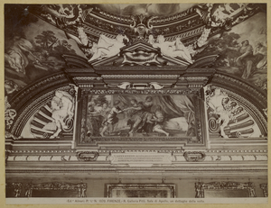 Ceiling detail, The Apollo Room, Pitti Palace, Florence; Fratelli Alinari (Italian, founded 1852); Florence, Italy, Europe; mid - late 19th century; Albumen silver print; 18.1 × 24.7 cm (7 1/8 × 9 3/4 in.); 84.XP.709.5; Copyright: Status unknown, research required No description of this image is available.
