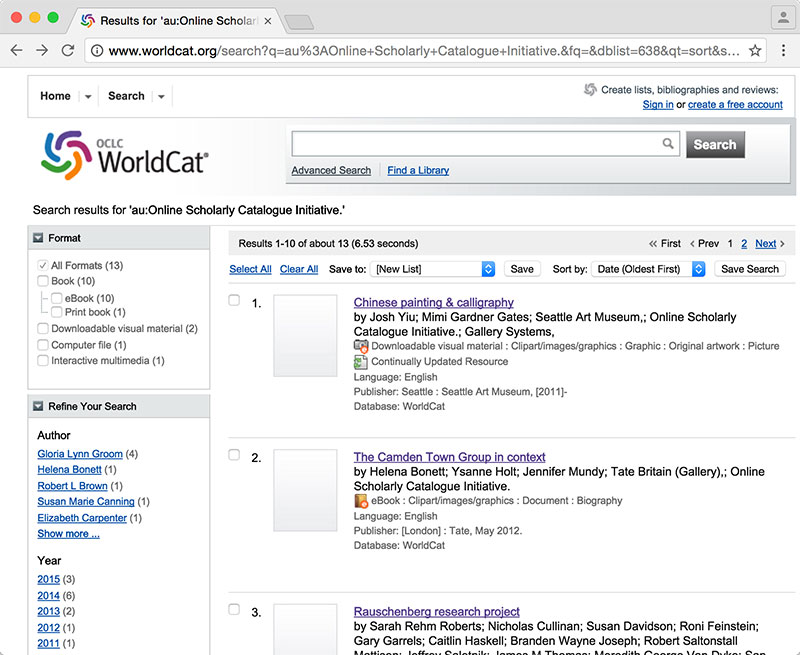 WorldCat catalogue listings