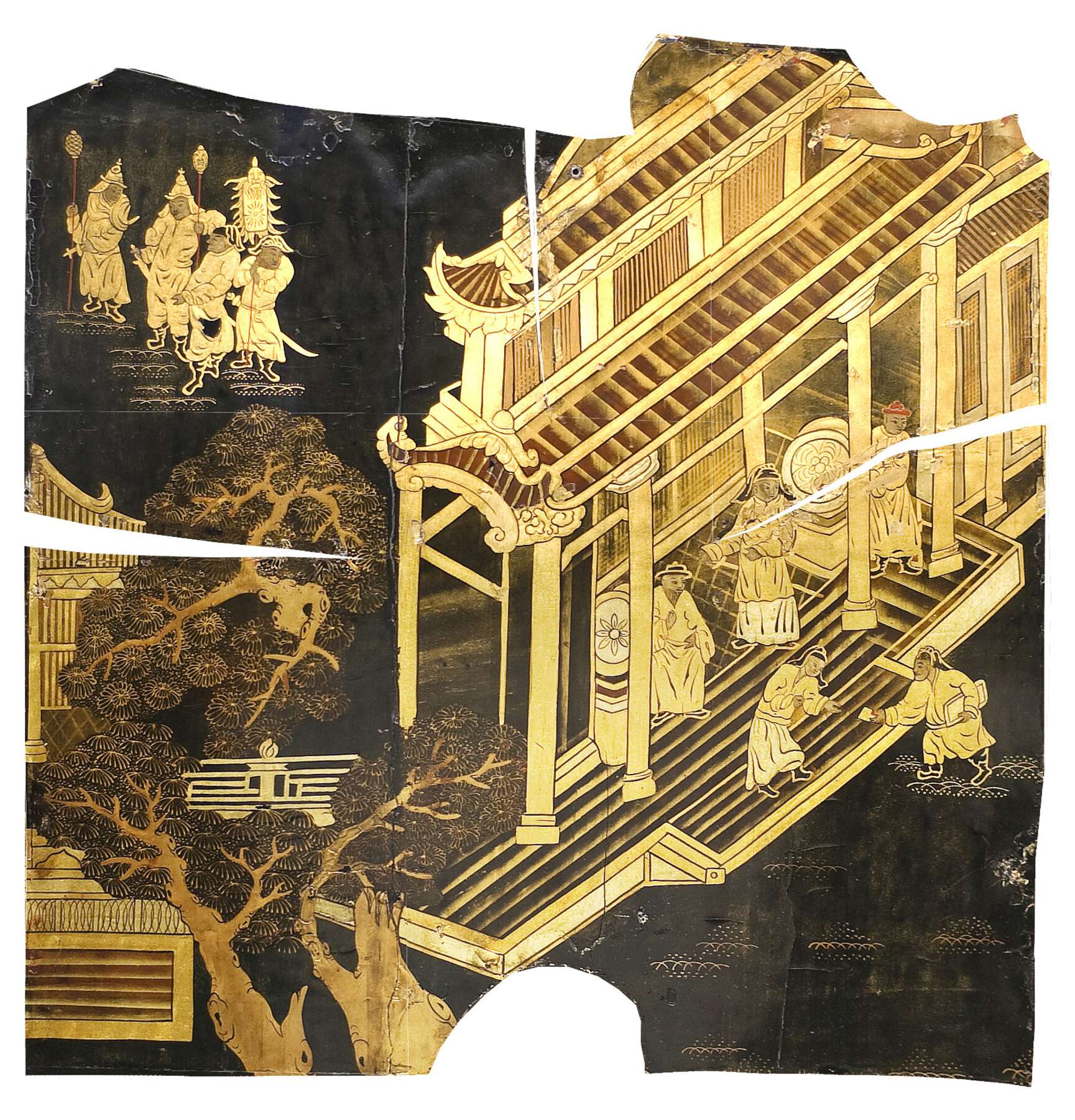 flattened view of the domestic lacquer design, revealing three triangular slits—one on the top, one on the left, and one on the right—that allow that lacquer to rest flatly against the cabinet’s curved front