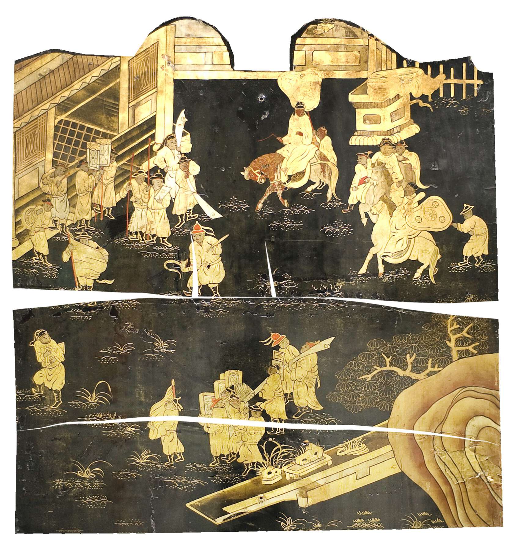 flattened view of the exterior lacquer design, revealing two horizontal cuts that split the design into three horizontal panels, allowing the lacquer to rest flatly against the cabinet’s curved front