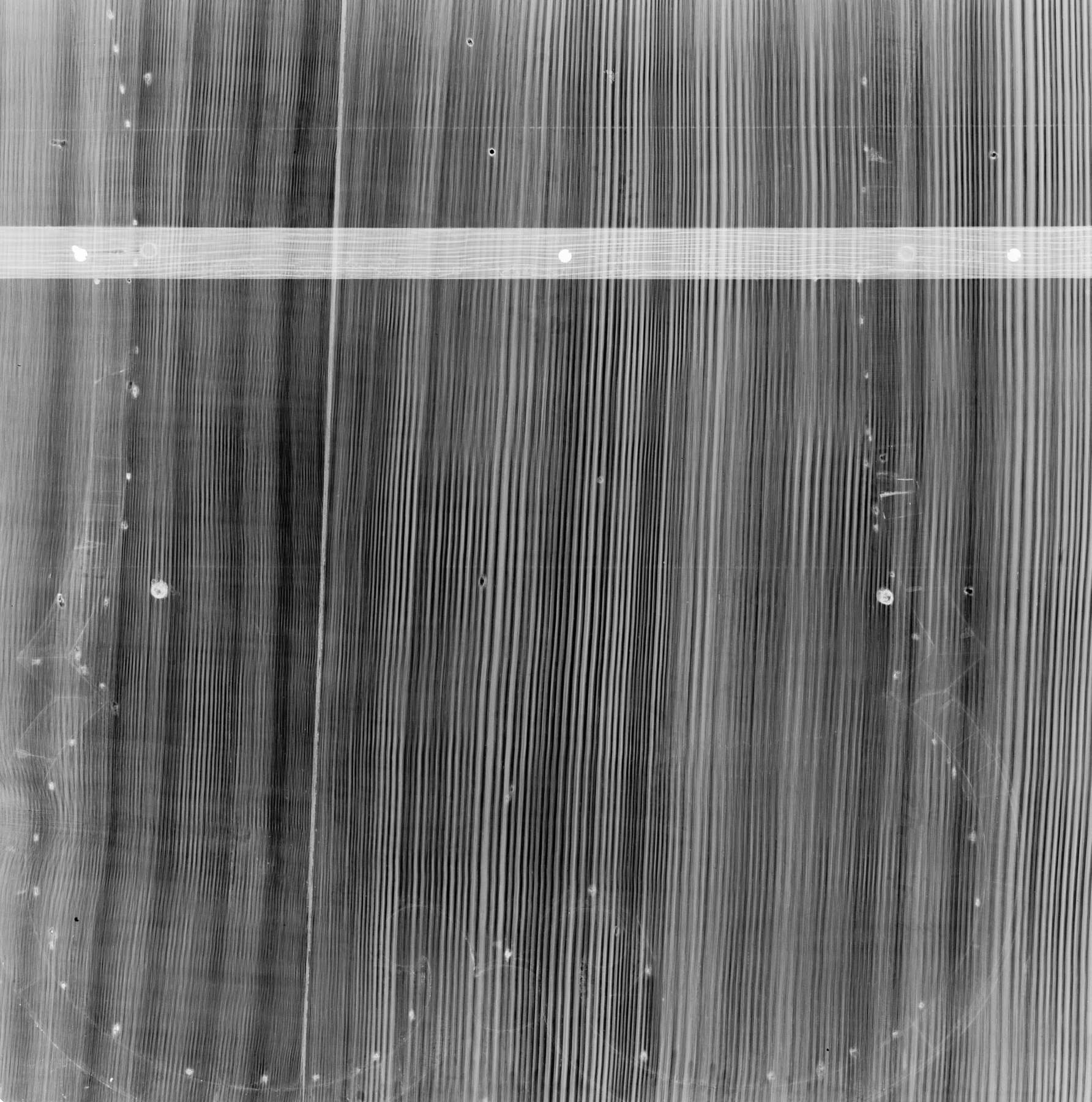 black and white x-ray of one side of one of the cabinets, reveling an outline of veneer pin holes slightly asymmetrically positioned within an organic shape