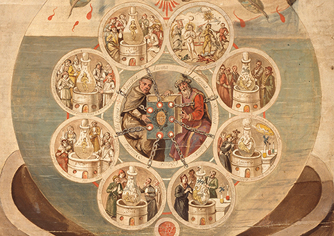 Eight roundels containing laboratory scenes, connected by chains to a book held by two alchemists in a larger, central roundel