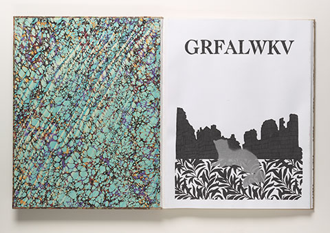 A unique book lies open to a spread featuring, on the left, turquoise, blue, and brown hand-marbled end paper. On the right is a drawing of a feline silhouette and backdrop beneath text in all capitals that reads G-R-F-A-L-W-K-V.